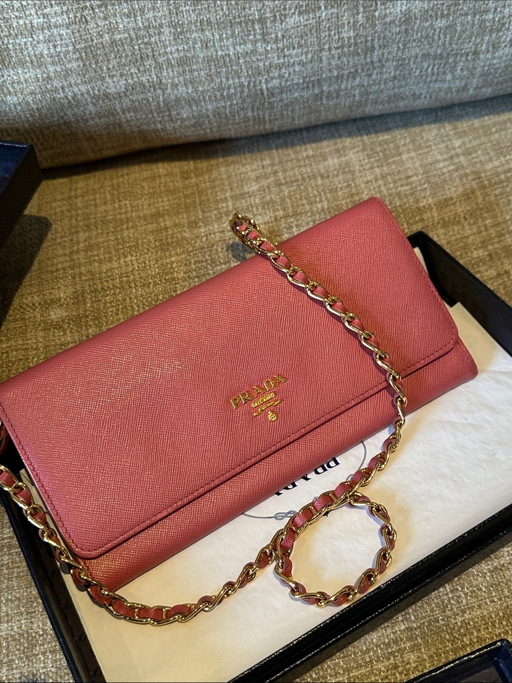 Prada Saffiano Long Wallet And Chain Crossbody Bag Pink